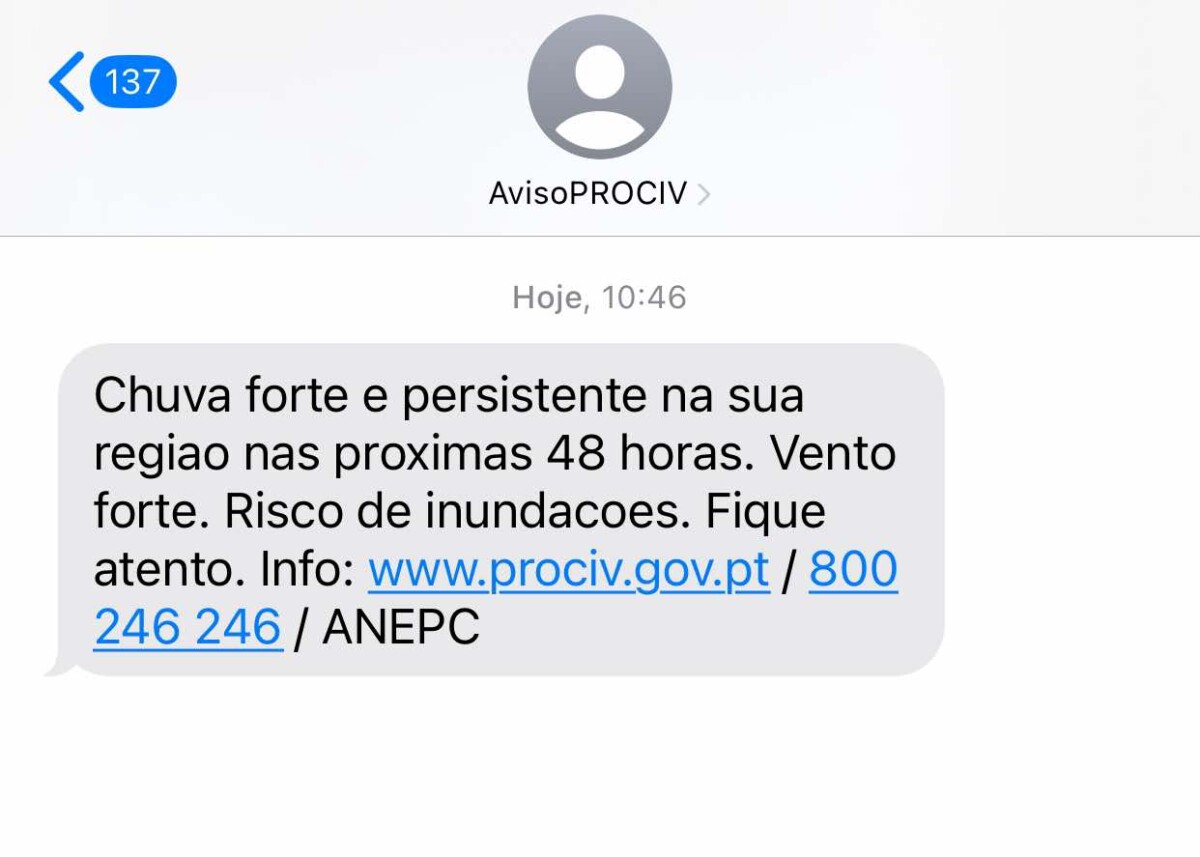 Proteção Civil envia SMS com alerta de mau tempo para as próximas 48 horas