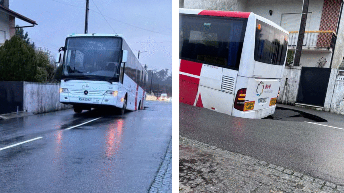 Famalicão: Autocarro preso em buraco de grandes dimensões que se abriu no meio de rua